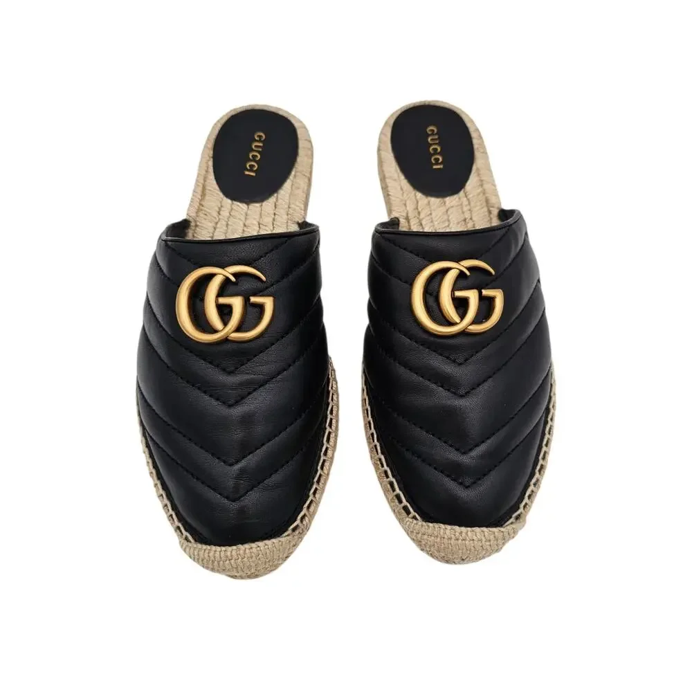 Gucci GG Marmont Black Quilted Leather Espadrille Mule Gold Slide Size 37.5 7.5 - Picture 2 of 10